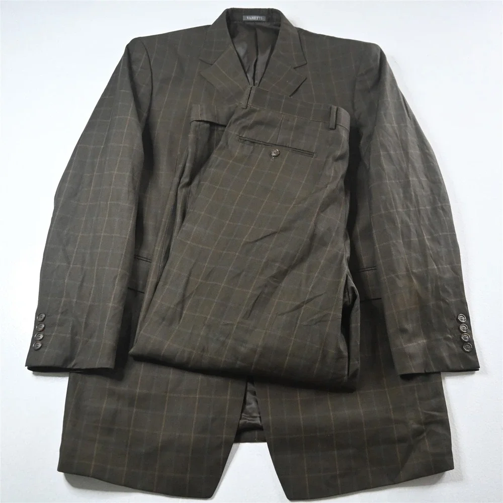 Vanetti 42L 34x30 Brown Windowpane‎ Mens Jacket Pants Suit